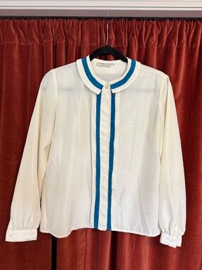 Vintage White Blouse with Teal Trim